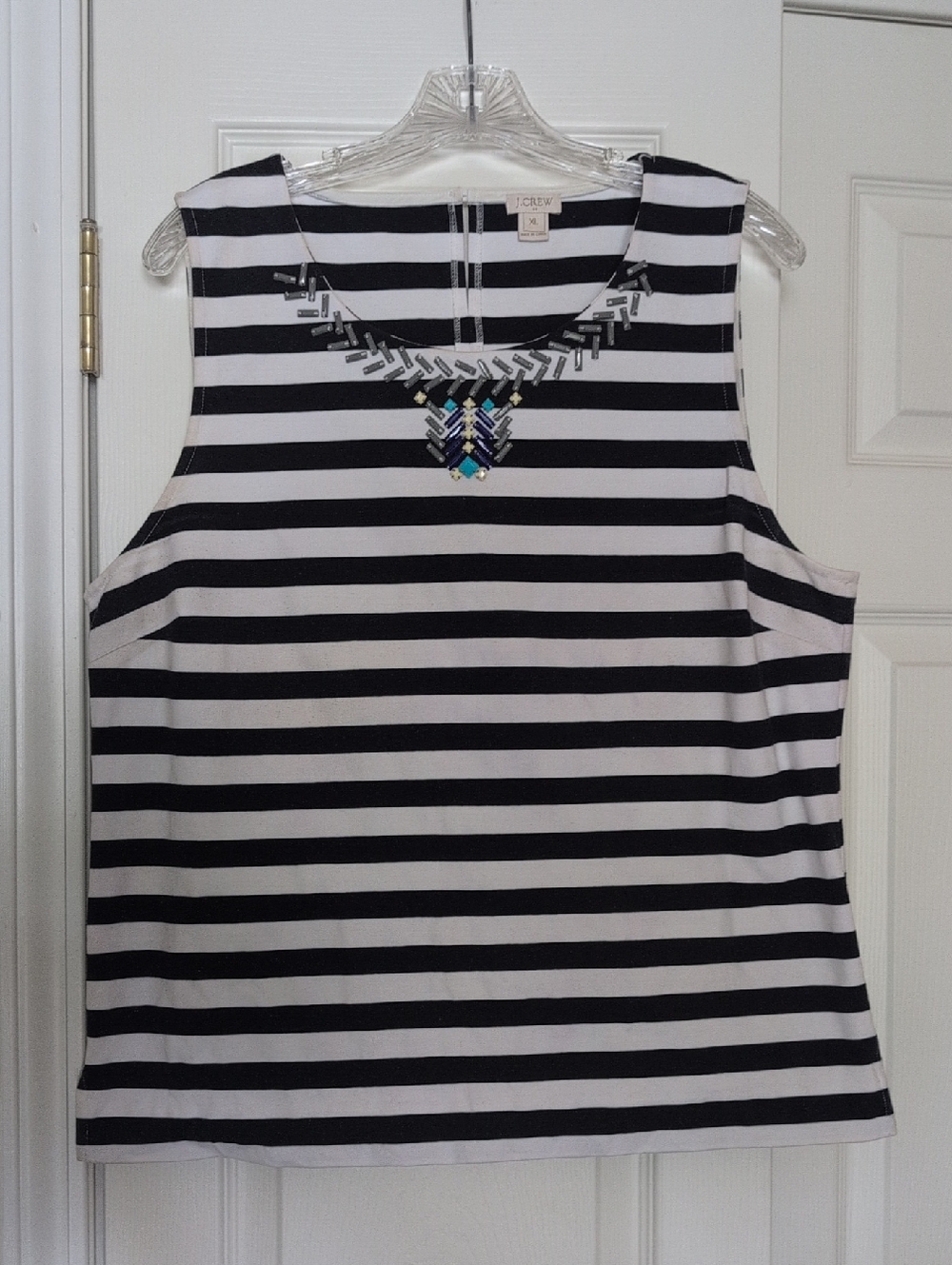 J. Crew Black & White Striped Tank with Beaded Neckline